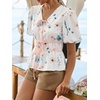 image:imageCicy Bell Womens Puff Sleeve Tie Front Tops Summer Babydoll Peplum V Neck Blouse Casual Dressy Pleated Floral Print ShirtsWhite