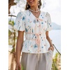 image:imageCicy Bell Womens Puff Sleeve Tie Front Tops Summer Babydoll Peplum V Neck Blouse Casual Dressy Pleated Floral Print ShirtsWhite