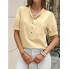 image:imageCicy Bell Womens Puff Sleeve Tops Button Down Shirts Summer Casual Collared V Neck Cotton BlouseKhaki