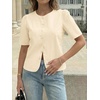 image:imageCicy Bell Womens Short Puff Sleeve Button Down Shirts Dressy Casual Blouses Summer Round Neck Cotton TopsBeige