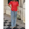 image:imageCicy Bell Womens Short Puff Sleeve Button Down Shirts Dressy Casual Blouses Summer Round Neck Cotton TopsRed