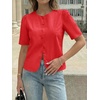 image:imageCicy Bell Womens Short Puff Sleeve Button Down Shirts Dressy Casual Blouses Summer Round Neck Cotton TopsRed