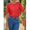 image:imageCicy Bell Womens Short Puff Sleeve Button Down Shirts Dressy Casual Blouses Summer Round Neck Cotton TopsRed