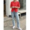 image:imageCicy Bell Womens Short Puff Sleeve Button Down Shirts Dressy Casual Blouses Summer Round Neck Cotton TopsRed