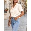 image:imageCicy Bell Womens Short Sleeve Satin V Neck Blouse Relaxed Fit Button Down Shirts Dressy Casual Work TopsBeige