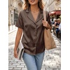image:imageCicy Bell Womens Short Sleeve Satin V Neck Blouse Relaxed Fit Button Down Shirts Dressy Casual Work TopsBrown