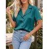 image:imageCicy Bell Womens Short Sleeve Satin V Neck Blouse Relaxed Fit Button Down Shirts Dressy Casual Work TopsDark Green