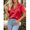 image:imageCicy Bell Womens Short Sleeve Satin V Neck Blouse Relaxed Fit Button Down Shirts Dressy Casual Work TopsRed