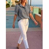 image:imageCicy Bell Womens Summer Gingham Tops Puff Short Sleeve Ruffle V Neck Button Blouse Casual Loose Fit Plaid ShirtsBlack