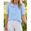 image:imageCicy Bell Womens Summer Gingham Tops Puff Short Sleeve Ruffle V Neck Button Blouse Casual Loose Fit Plaid ShirtsBlue