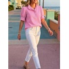 image:imageCicy Bell Womens Summer Gingham Tops Puff Short Sleeve Ruffle V Neck Button Blouse Casual Loose Fit Plaid ShirtsColor Block Stripespink