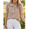 image:imageCicy Bell Womens Summer Gingham Tops Puff Short Sleeve Ruffle V Neck Button Blouse Casual Loose Fit Plaid ShirtsKhaki
