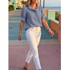 image:imageCicy Bell Womens Summer Gingham Tops Puff Short Sleeve Ruffle V Neck Button Blouse Casual Loose Fit Plaid ShirtsNavy