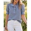 image:imageCicy Bell Womens Summer Gingham Tops Puff Short Sleeve Ruffle V Neck Button Blouse Casual Loose Fit Plaid ShirtsNavy