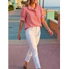 image:imageCicy Bell Womens Summer Gingham Tops Puff Short Sleeve Ruffle V Neck Button Blouse Casual Loose Fit Plaid ShirtsRed
