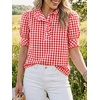 image:imageCicy Bell Womens Summer Gingham Tops Puff Short Sleeve Ruffle V Neck Button Blouse Casual Loose Fit Plaid ShirtsRed