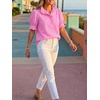 image:imageCicy Bell Womens Summer Gingham Tops Puff Short Sleeve Ruffle V Neck Button Blouse Casual Loose Fit Plaid ShirtsRose Red