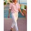 image:imageCicy Bell Womens Summer Gingham Tops Puff Short Sleeve Ruffle V Neck Button Blouse Casual Loose Fit Plaid ShirtsStripeburgundy