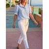 image:imageCicy Bell Womens Summer Gingham Tops Puff Short Sleeve Ruffle V Neck Button Blouse Casual Loose Fit Plaid ShirtsStripenavy