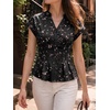 image:imageCicy Bell Womens Summer Satin Peplum Tops V Neck Cap Sleeve Button Down Silky Blouses Slim Fit Dressy Casual ShirtsBlack Flowers