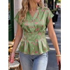 image:imageCicy Bell Womens Summer Satin Peplum Tops V Neck Cap Sleeve Button Down Silky Blouses Slim Fit Dressy Casual ShirtsGreen Flower