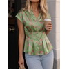 image:imageCicy Bell Womens Summer Satin Peplum Tops V Neck Cap Sleeve Button Down Silky Blouses Slim Fit Dressy Casual ShirtsGreen Flower