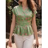image:imageCicy Bell Womens Summer Satin Peplum Tops V Neck Cap Sleeve Button Down Silky Blouses Slim Fit Dressy Casual ShirtsGreen Flower
