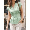 image:imageCicy Bell Womens Summer Satin Peplum Tops V Neck Cap Sleeve Button Down Silky Blouses Slim Fit Dressy Casual ShirtsLight Green Flower
