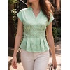 image:imageCicy Bell Womens Summer Satin Peplum Tops V Neck Cap Sleeve Button Down Silky Blouses Slim Fit Dressy Casual ShirtsLight Green Flower