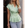 image:imageCicy Bell Womens Summer Satin Peplum Tops V Neck Cap Sleeve Button Down Silky Blouses Slim Fit Dressy Casual ShirtsLight Green Flower