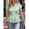 image:imageCicy Bell Womens Summer Satin Peplum Tops V Neck Cap Sleeve Button Down Silky Blouses Slim Fit Dressy Casual ShirtsLight Green Flower