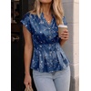 image:imageCicy Bell Womens Summer Satin Peplum Tops V Neck Cap Sleeve Button Down Silky Blouses Slim Fit Dressy Casual ShirtsNavy Flower