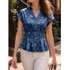 image:imageCicy Bell Womens Summer Satin Peplum Tops V Neck Cap Sleeve Button Down Silky Blouses Slim Fit Dressy Casual ShirtsNavy Flower