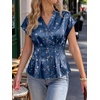 image:imageCicy Bell Womens Summer Satin Peplum Tops V Neck Cap Sleeve Button Down Silky Blouses Slim Fit Dressy Casual ShirtsNavy Flower