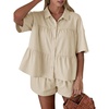 image:imageCicy Bell Womens 2 Piece Outfits Summer Pleated Button Down Shirts High Waisted Shorts Lounge Sets