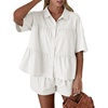image:imageCicy Bell Womens 2 Piece Outfits Summer Pleated Button Down Shirts High Waisted Shorts Lounge Sets White