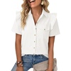 image:imageCicy Bell Womens Babydoll Button Down Shirts Summer Ruffle Puff Sleeve Pleated Tops Loose Fit Cotton Collared Curvy Hem Tees White