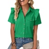 image:imageCicy Bell Womens Babydoll Button Down Shirts Summer Ruffle Puff Sleeve Pleated Tops Loose Fit Cotton Collared Curvy Hem TeesGreen