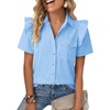 image:imageCicy Bell Womens Babydoll Button Down Shirts Summer Ruffle Puff Sleeve Pleated Tops Loose Fit Cotton Collared Curvy Hem TeesSky Blue