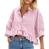 image:imageCicy Bell Womens Cropped Striped Button Down Shirts Ruffle 34 Length Sleeve Summer Tops Dressy Casual BlousesBright Pink