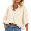 image:imageCicy Bell Womens Cropped Striped Button Down Shirts Ruffle 34 Length Sleeve Summer Tops Dressy Casual BlousesCheckered Apricot