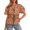 image:imageCicy Bell Womens Puff Sleeve Tie Front Tops Summer Babydoll Peplum V Neck Blouse Casual Dressy Pleated Floral Print ShirtsBeanpaste Color