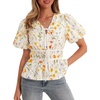 image:imageCicy Bell Womens Puff Sleeve Tie Front Tops Summer Babydoll Peplum V Neck Blouse Casual Dressy Pleated Floral Print ShirtsBeige