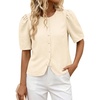 image:imageCicy Bell Womens Short Puff Sleeve Button Down Shirts Dressy Casual Blouses Summer Round Neck Cotton TopsBeige