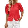 image:imageCicy Bell Womens Short Puff Sleeve Button Down Shirts Dressy Casual Blouses Summer Round Neck Cotton TopsRed