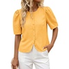 image:imageCicy Bell Womens Short Puff Sleeve Button Down Shirts Dressy Casual Blouses Summer Round Neck Cotton TopsYellow