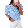 image:imageCicy Bell Womens Summer Gingham Tops Puff Short Sleeve Ruffle V Neck Button Blouse Casual Loose Fit Plaid ShirtsBlue