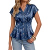 image:imageCicy Bell Womens Summer Satin Peplum Tops V Neck Cap Sleeve Button Down Silky Blouses Slim Fit Dressy Casual ShirtsNavy Flower