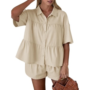 image:imageCicy Bell Womens 2 Piece Outfits Summer Pleated Button Down Shirts High Waisted Shorts Lounge Sets