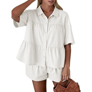 image:imageCicy Bell Womens 2 Piece Outfits Summer Pleated Button Down Shirts High Waisted Shorts Lounge Sets White